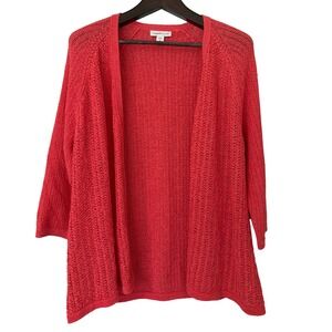 Coldwater Creek Coral Pink Open Knit Cardigan Sweater 1X 18 3/4 Sleeve 4023682